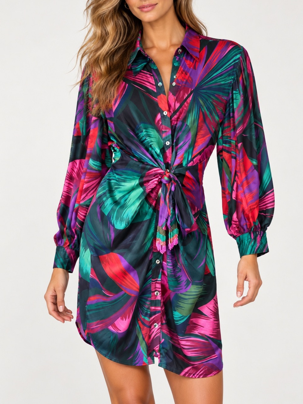 Farm Rio Midnight Leaves Long-Sleeve Mini Dress Size S Green Pink Tie Front